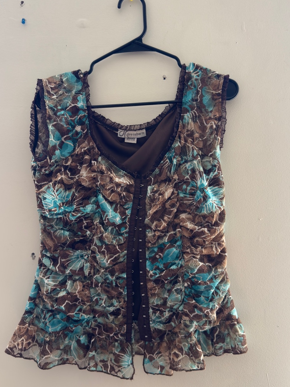 Dress Barn Brown and Teal Floral Ruffle-Trim Camisole Top